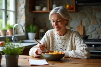 Femme d'âge moyen préparant une compote maison dans la cuisine