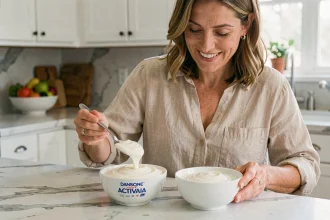 Femme préparant des portions d'Activia Danone dans deux bols de tailles différentes pour adultes et enfants dans une cuisine familiale