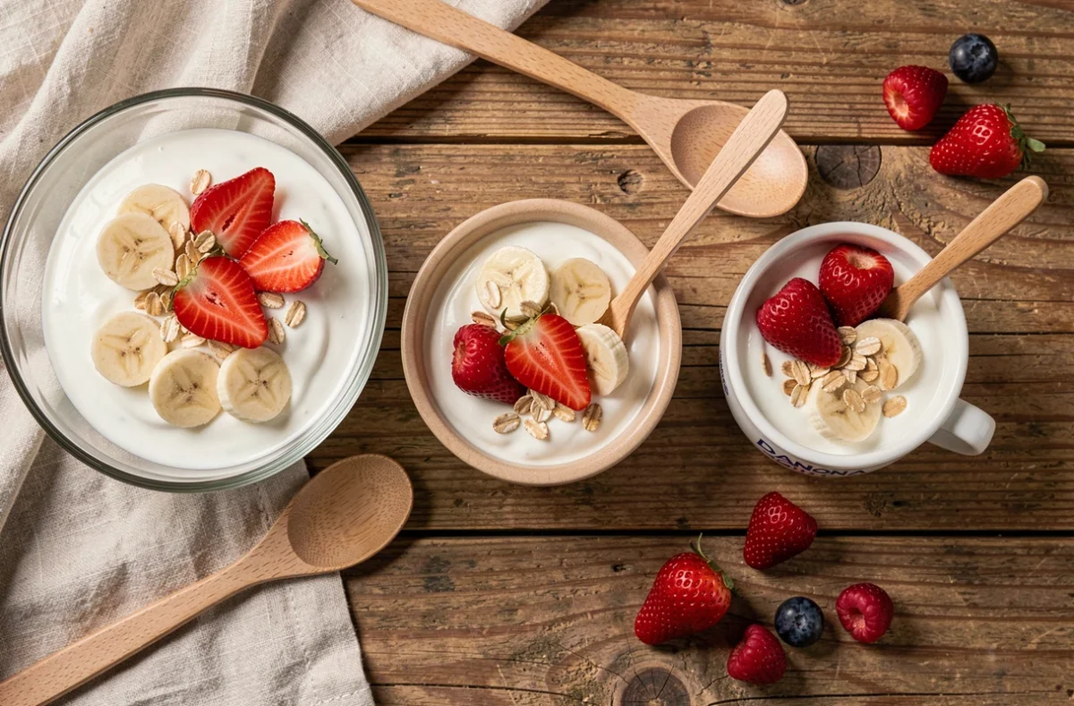 Vue aérienne de portions de yaourt Activia Danone en différentes tailles pour illustrer l'adaptation des quantités selon l'âge