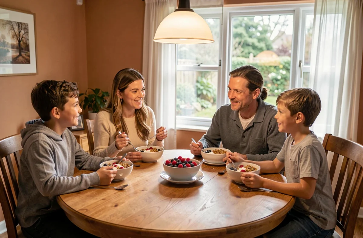 Famille réunie autour d'une table avec des portions individuelles de yaourt Activia Danone adaptées aux adultes et aux enfants
