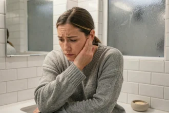 Femme se bouchant l'oreille avec la main pour soulager une sensation de pression ou d'oreille bouchée dans une salle de bain