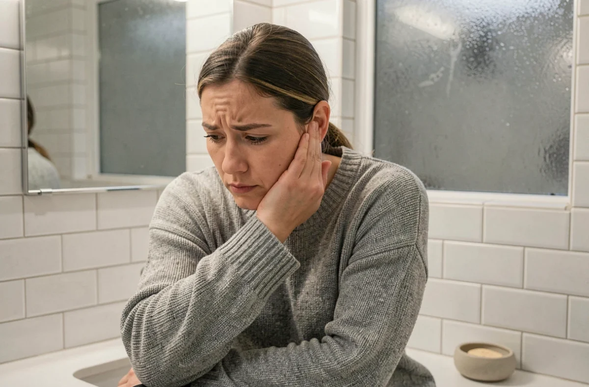 Femme se bouchant l'oreille avec la main pour soulager une sensation de pression ou d'oreille bouchée dans une salle de bain
