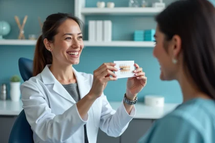 Dentiste femme tenant un guide de teintes dentaires lors d'une consultation