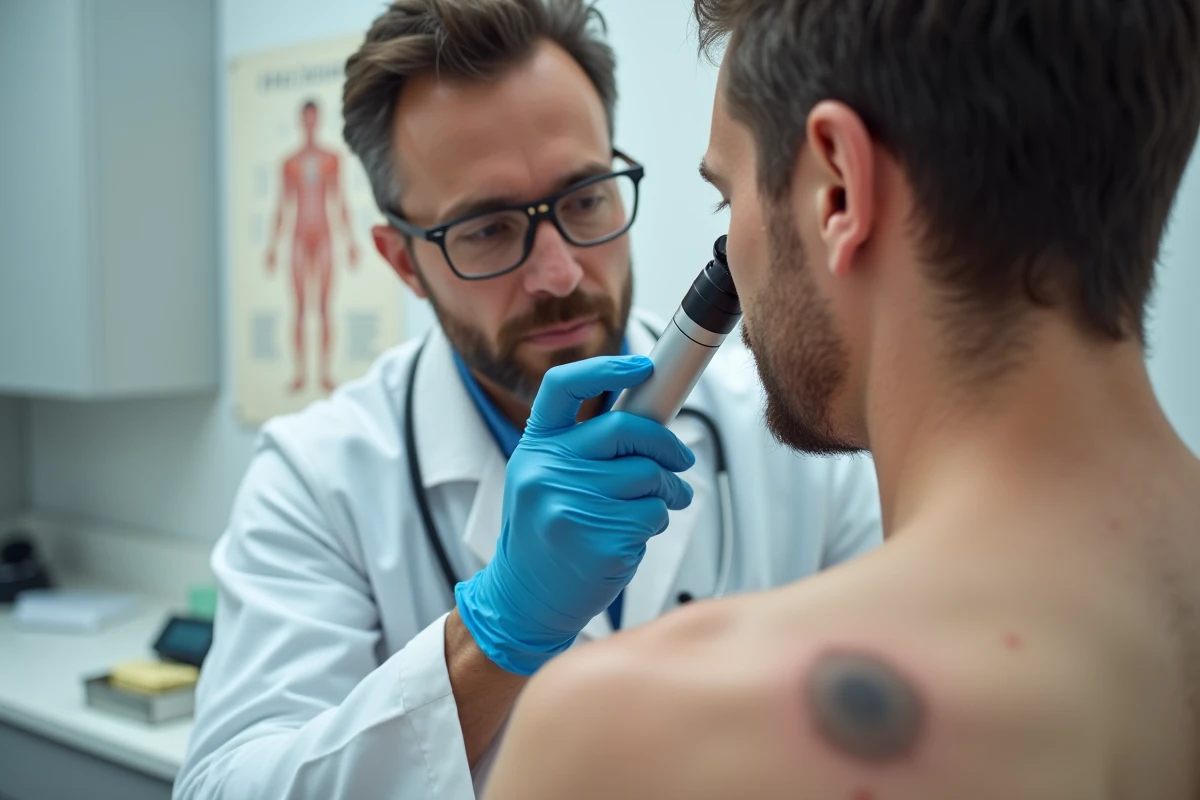Dermatologue inspectant une lésion cutanée suspecte sur le dos d'un patient avec un dermatoscope