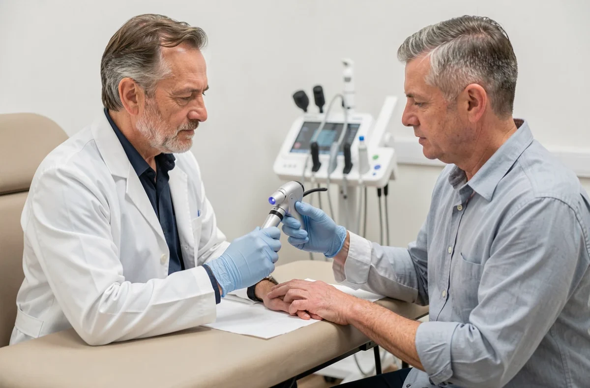 Dermatologue examinant l'ongle d'un patient avec un dermatoscope pour diagnostiquer une tache noire, distinguer mélanome et mycose