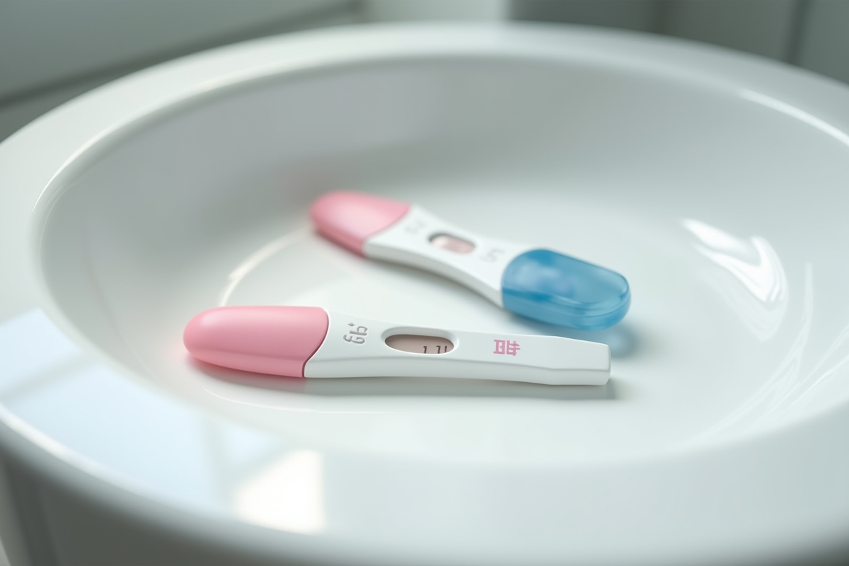 Deux tests de grossesse positifs sur un lavabo blanc