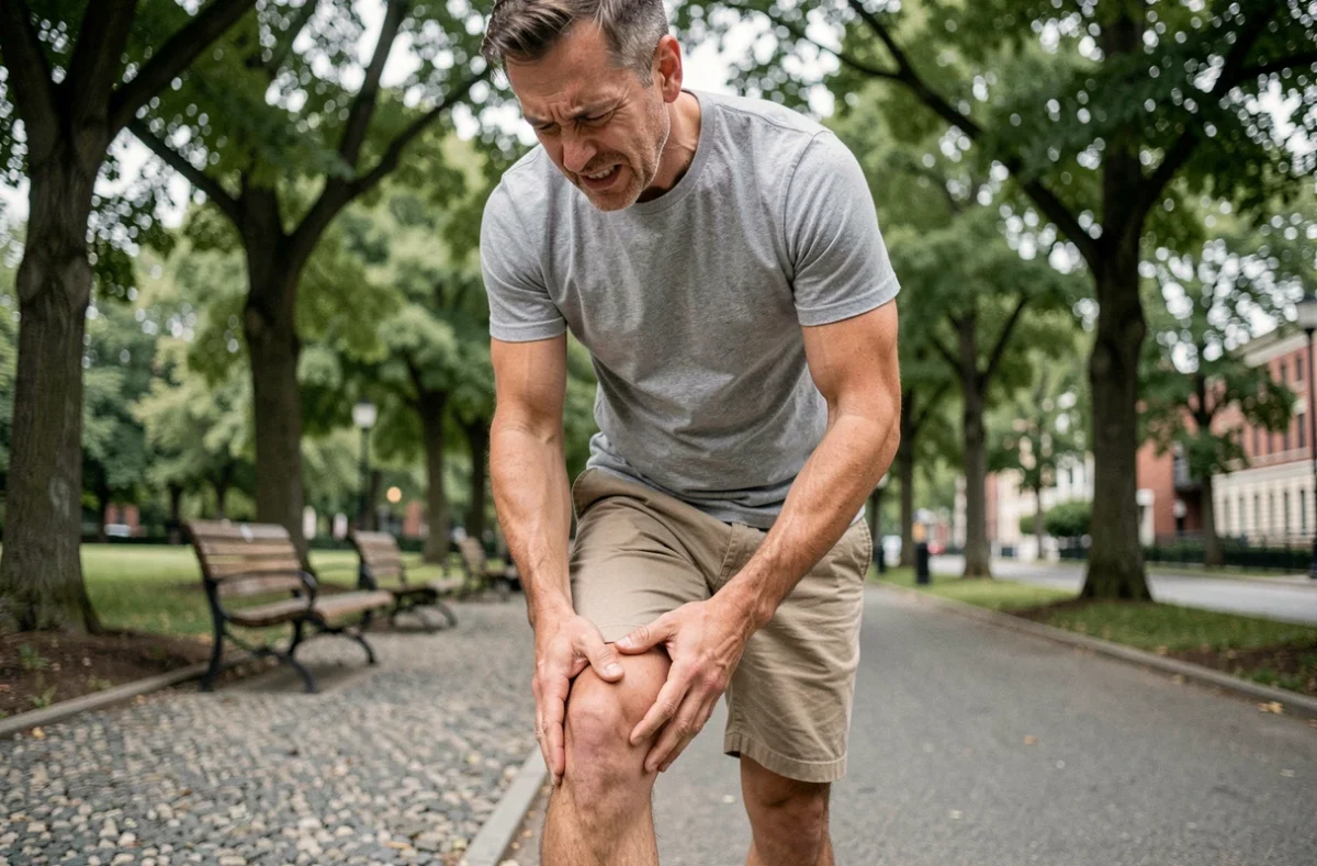 Homme en short s'arrêtant de marcher dans un parc urbain en raison d'une douleur chronique au genou, zone tendon patte d'oie
