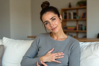 Femme tenant son côté droit sous les côtes avec une expression de douleur légère, assise dans un salon moderne