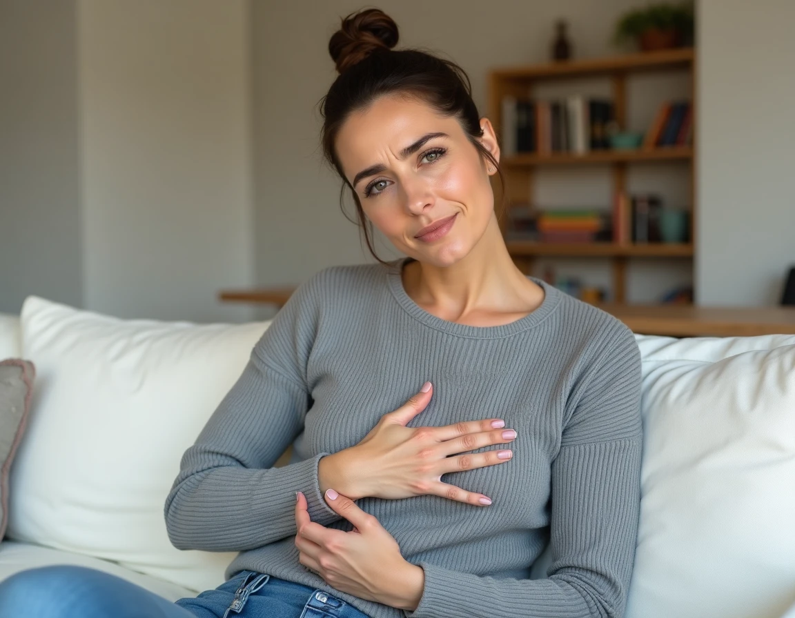 Femme tenant son côté droit sous les côtes avec une expression de douleur légère, assise dans un salon moderne