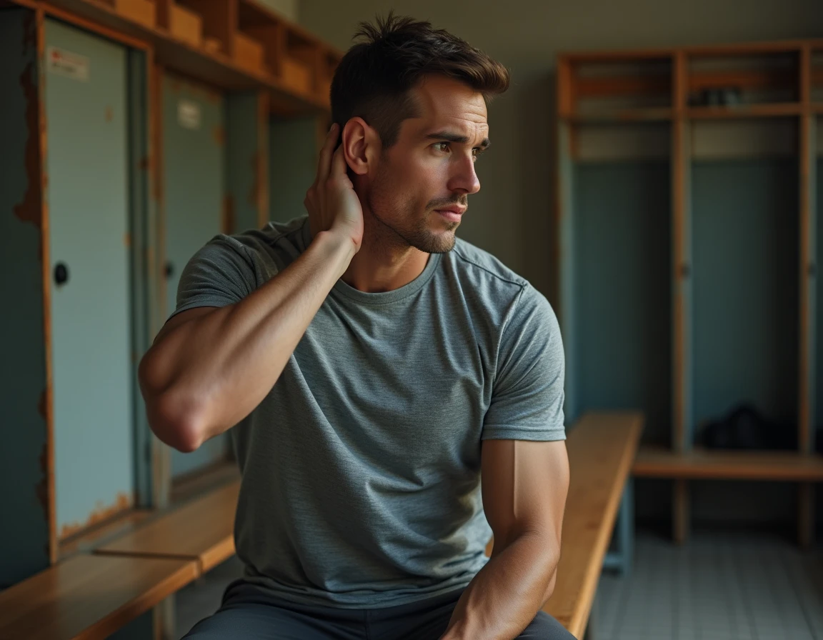 Homme en tenue de sport tenant son cou et son épaule dans un vestiaire, illustrant la douleur au nerf trapèze après l'effort