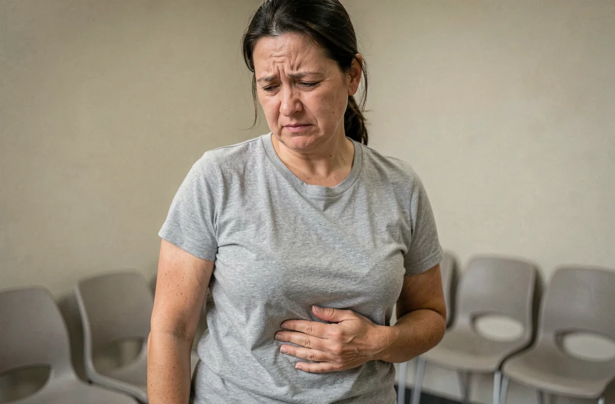 Femme adulte tenant son côté droit sous les côtes avec une expression de douleur dans une salle d'attente médicale