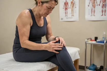 Femme d'âge moyen en consultation de kinésithérapie appuyant sur la zone douloureuse de la patte d'oie au niveau du genou