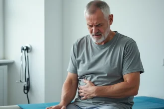 Homme adulte tenant sa cage thoracique avec une expression douloureuse lors d'une consultation médicale, illustrant une douleur thoracique liée à des côtes déplacées