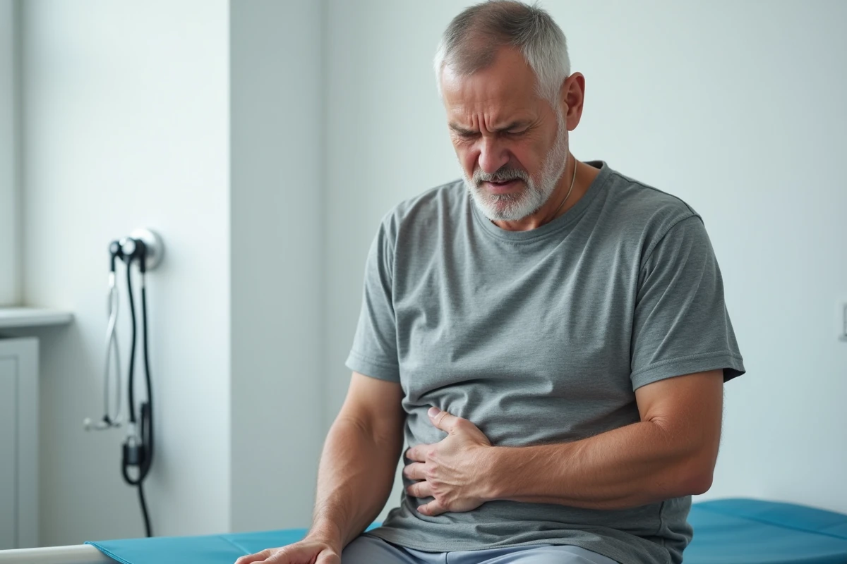 Homme adulte tenant sa cage thoracique avec une expression douloureuse lors d'une consultation médicale, illustrant une douleur thoracique liée à des côtes déplacées