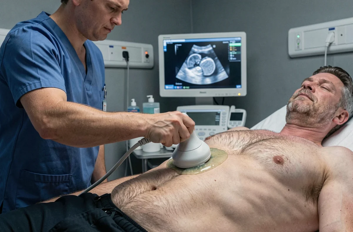 Échographie abdominale sous les côtes côté droit réalisée par un technicien radiologue sur un patient allongé