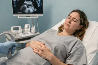 Femme allongée sur une table d'examen lors d'une échographie de l'estomac, les mains posées sur l'abdomen dans un cabinet médical.