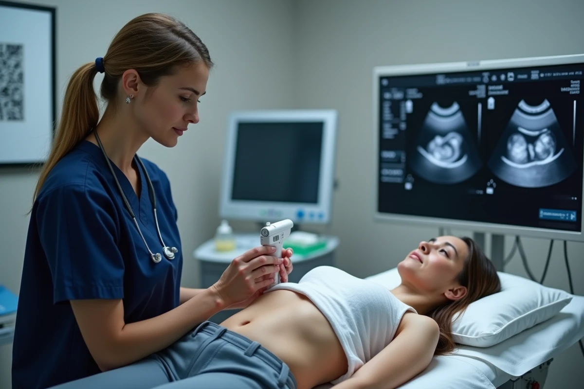 Échographie abdominale pelvienne réalisée par une technicienne médicale pour détecter un kyste aux ovaires