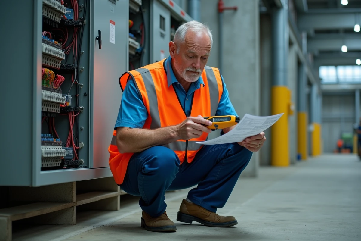 Électricien industriel mesurant l'intensité et calculant la tension sur un tableau électrique dans une usine