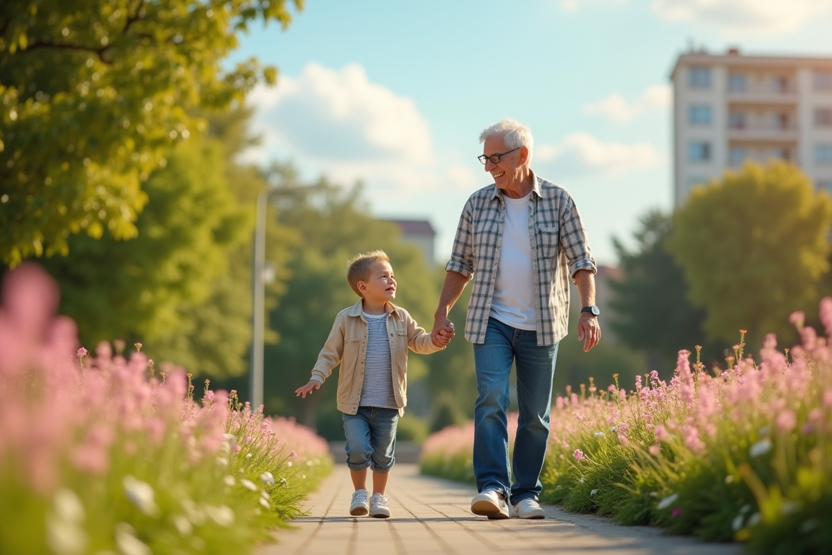 Un enfant et un survivant du cancer marchant dans un parc ensoleille