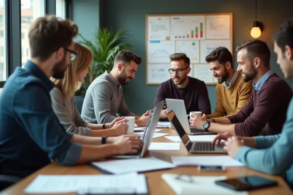 Groupe de professionnels en r&eacute;union de travail dynamique