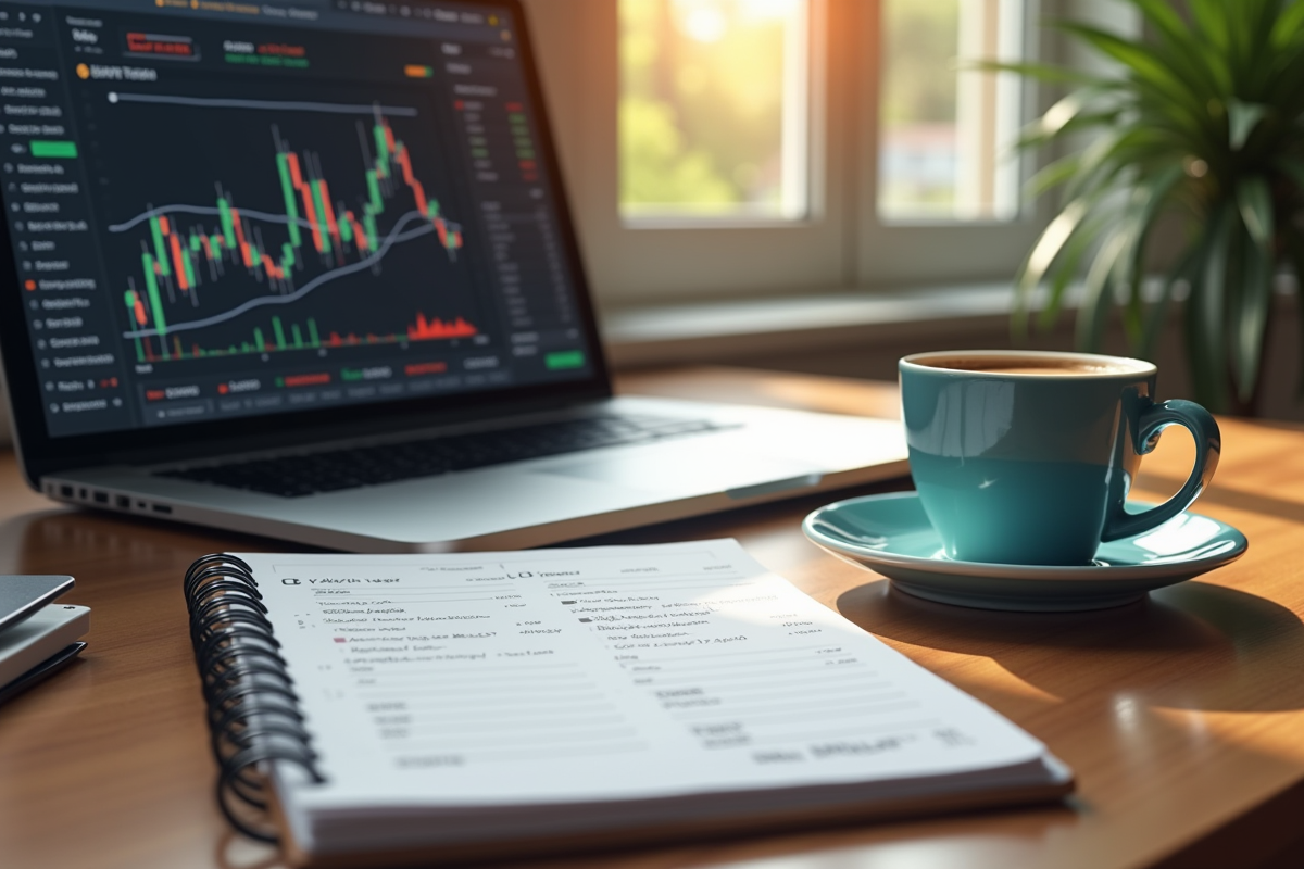Espace de travail avec ordinateur et notes stratégiques