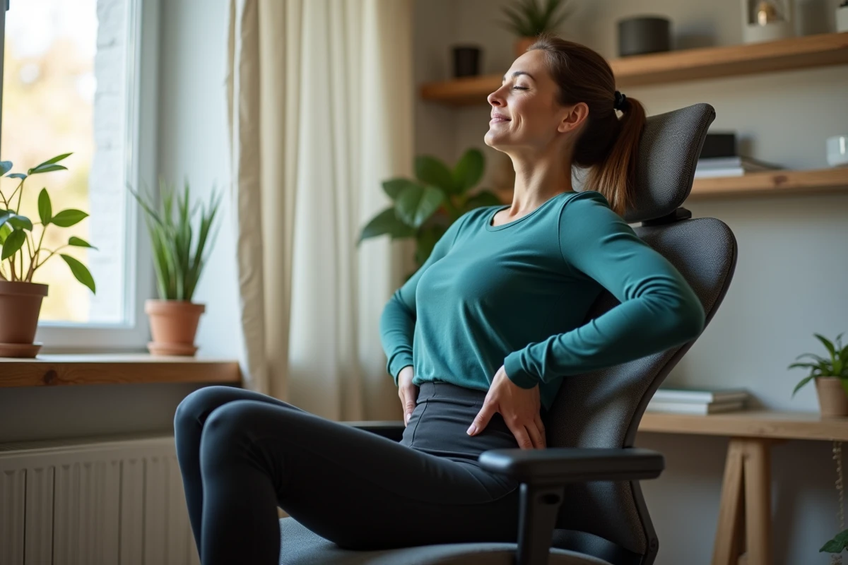 Femme faisant une pause étirement au bureau à domicile pour soulager la douleur au coccyx
