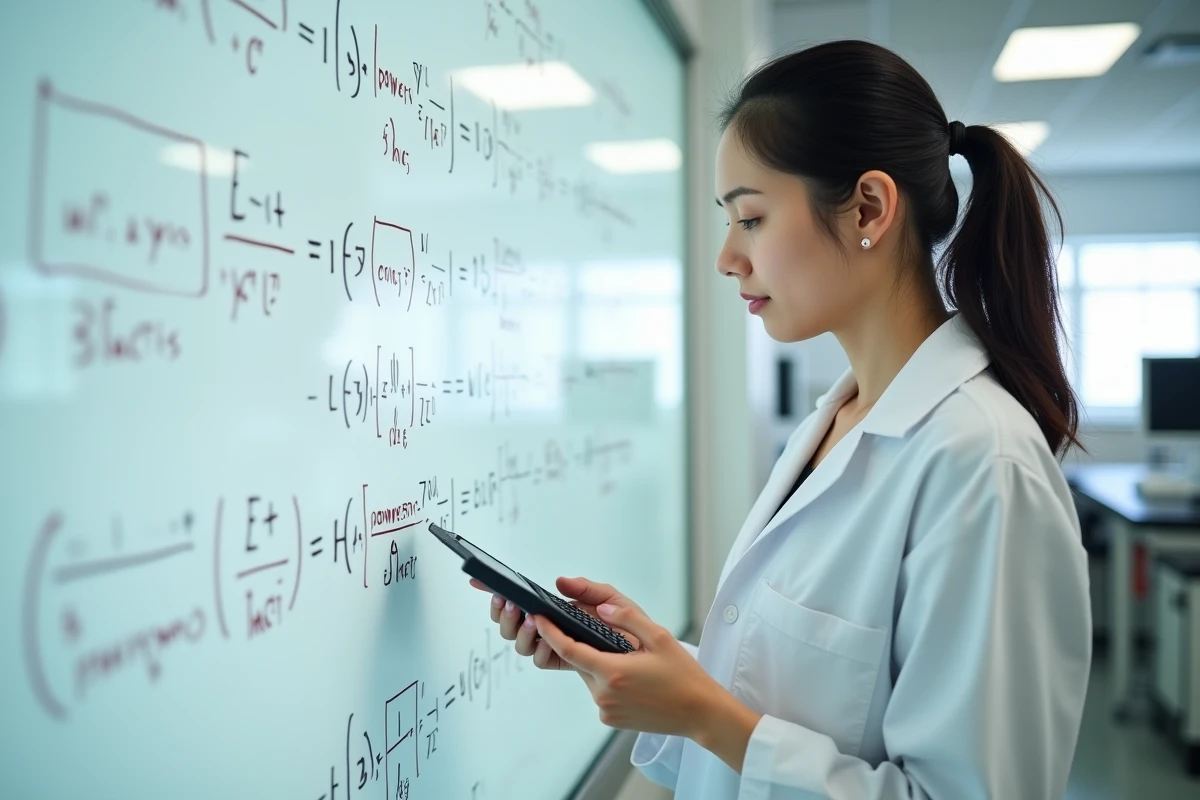 Étudiante en physique devant un tableau blanc avec des formules de calcul de tension électrique puissance et intensité