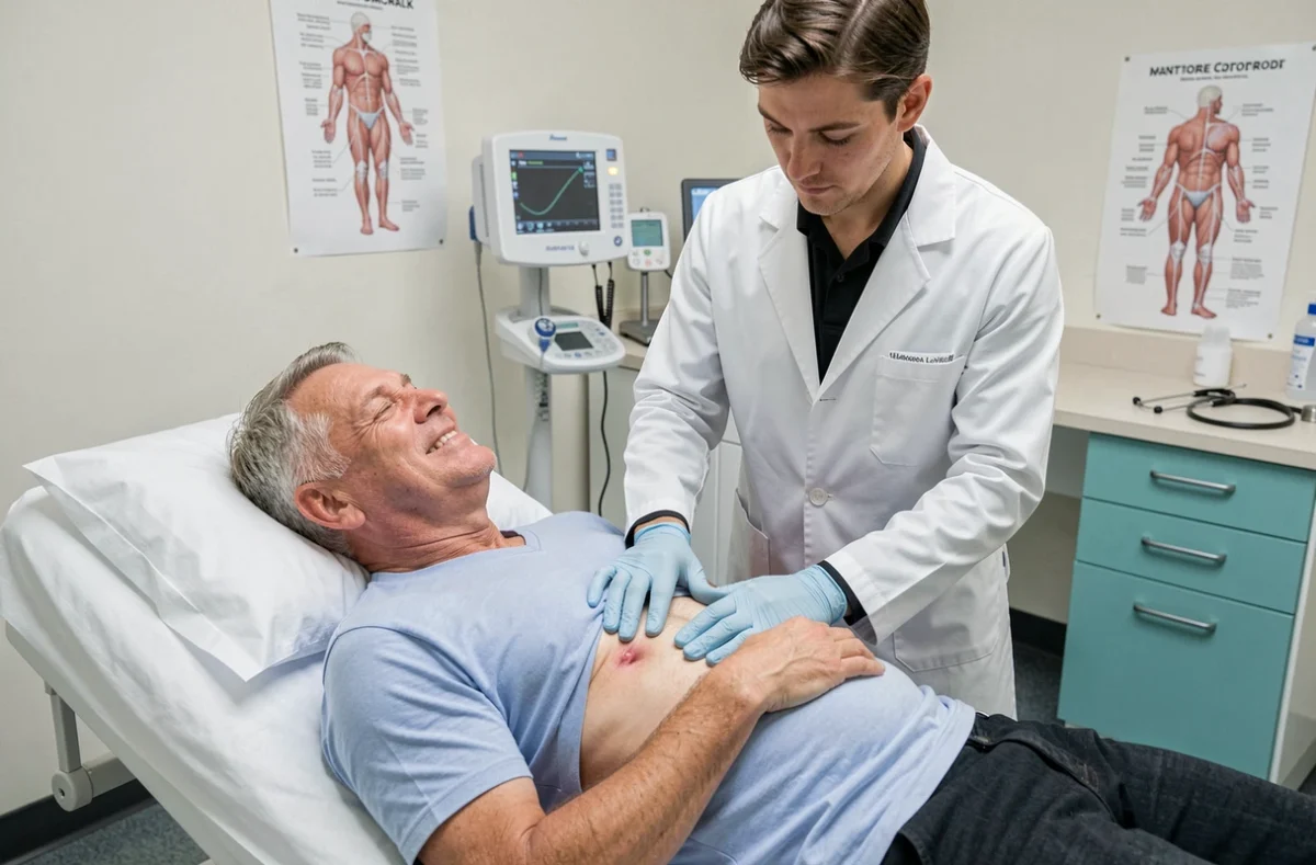 Médecin palpant l'abdomen sous les côtes côté droit d'un patient lors d'un examen clinique