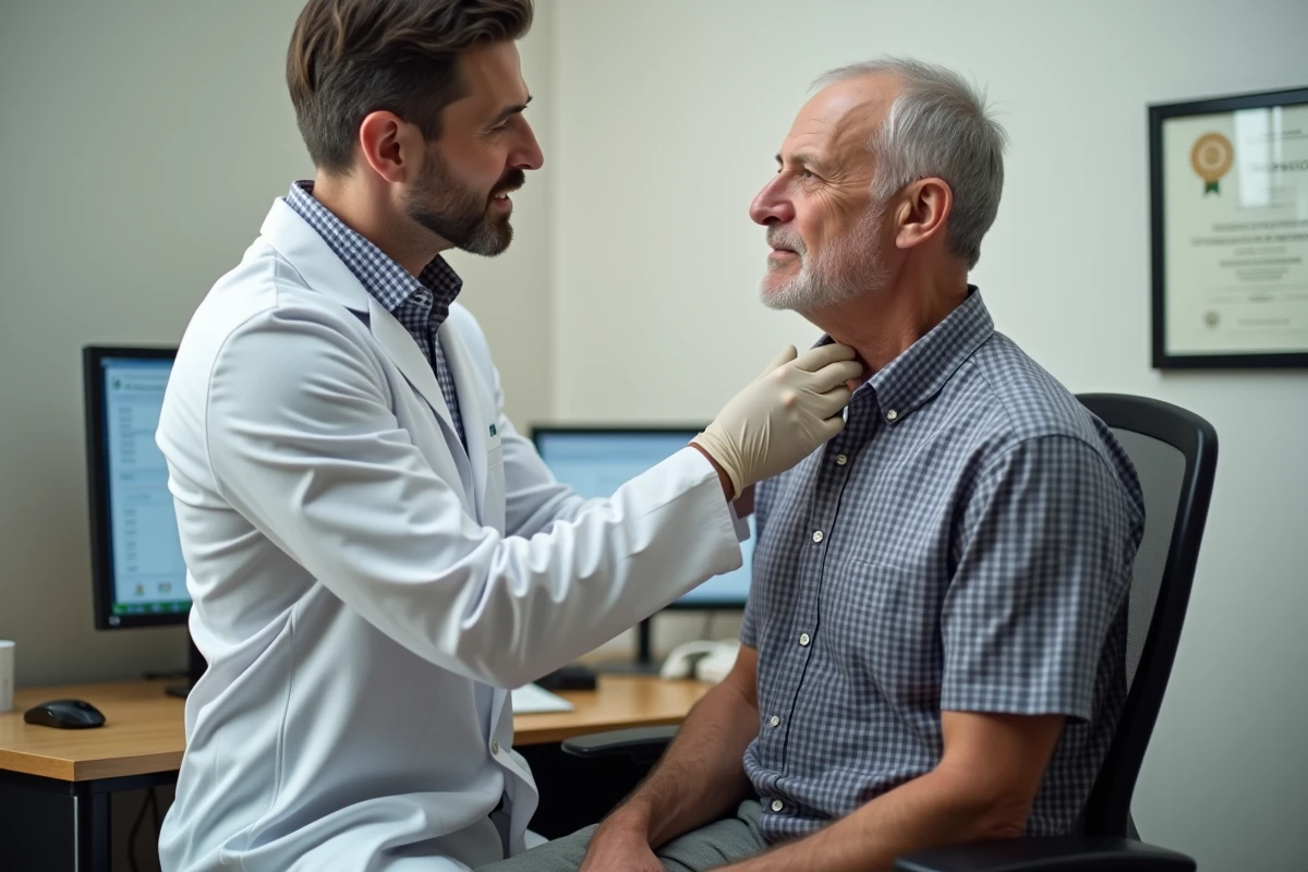 Médecin palpant les ganglions cervicaux gauches d'un patient fumeur lors d'un examen clinique
