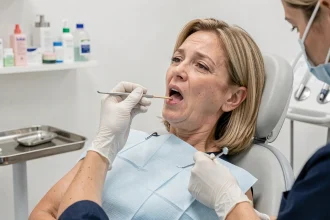 Examen de la langue par un dentiste pour détecter une tache brune suspecte en cabinet dentaire