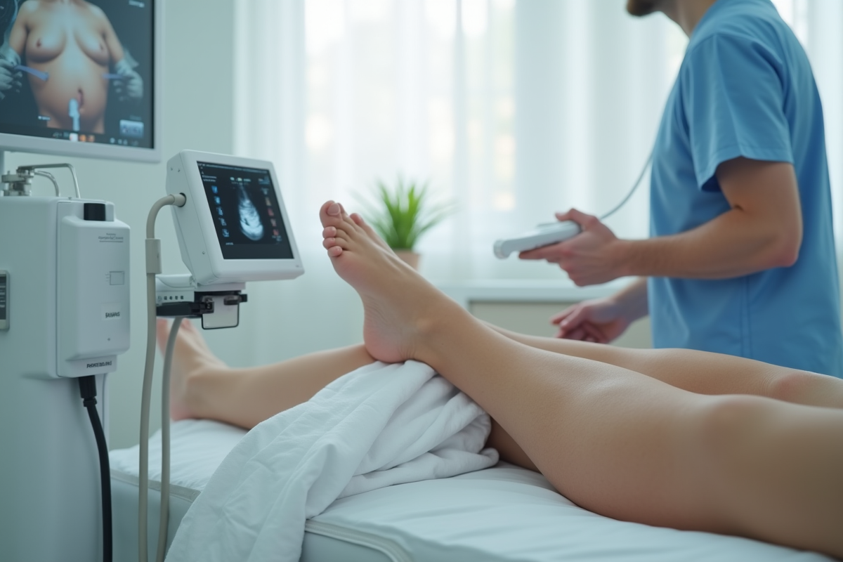 Examen médical des jambes avec un professionnel et un appareil