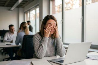 Femme au bureau se frottant les yeux fatigués devant un écran d'ordinateur portable