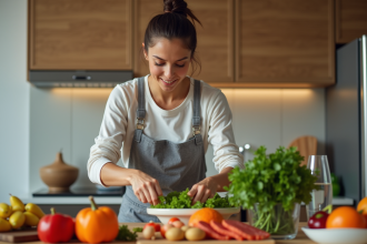 Femme arrangeant des légumes frais dans une cuisine moderne