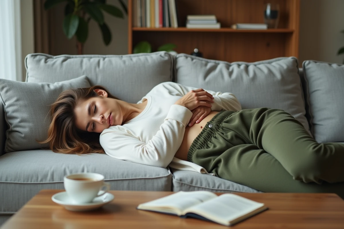 Femme allongée épuisée sur un canapé en journée, illustrant une fatigue persistante et inexpliquée malgré des analyses sanguines normales