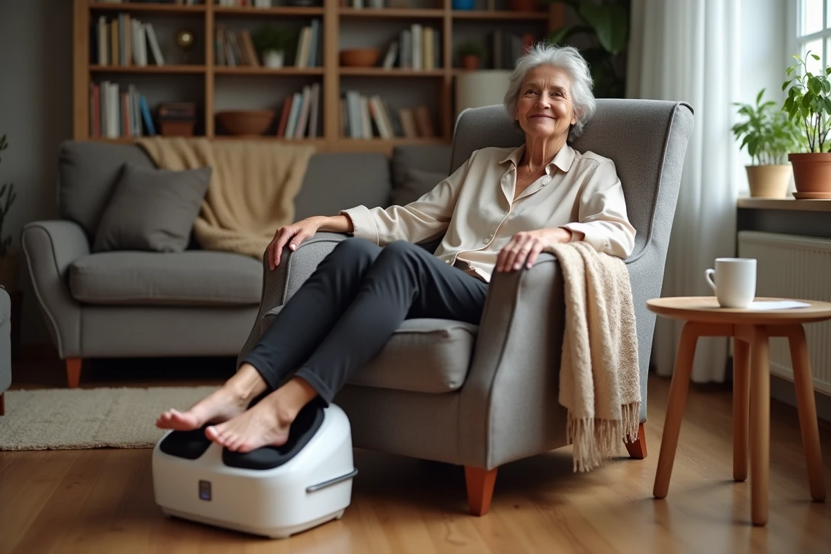 Femme de 50 ans profitant d'un appareil de massage de pieds électrique dans un fauteuil confortable à la maison