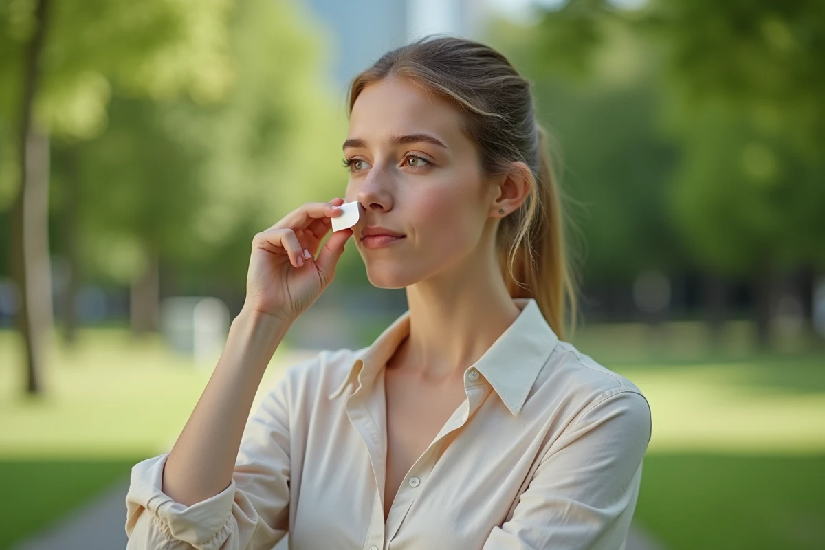 Jeune femme appliquant crème solaire en plein air