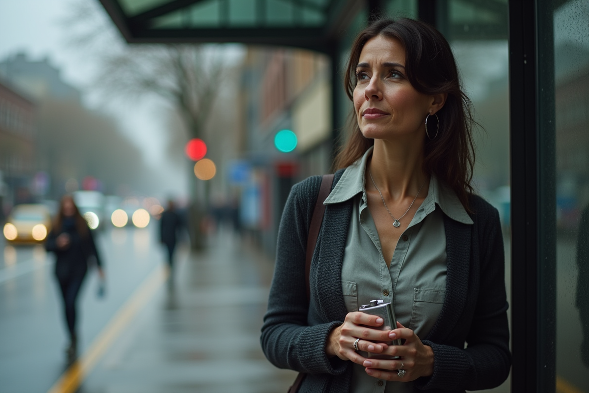 Femme dans une rue pluvieuse en attente avec flasque métallique