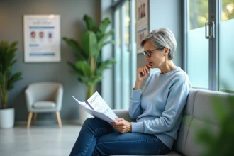 Femme lisant des dépliants santé dans une salle d'attente moderne
