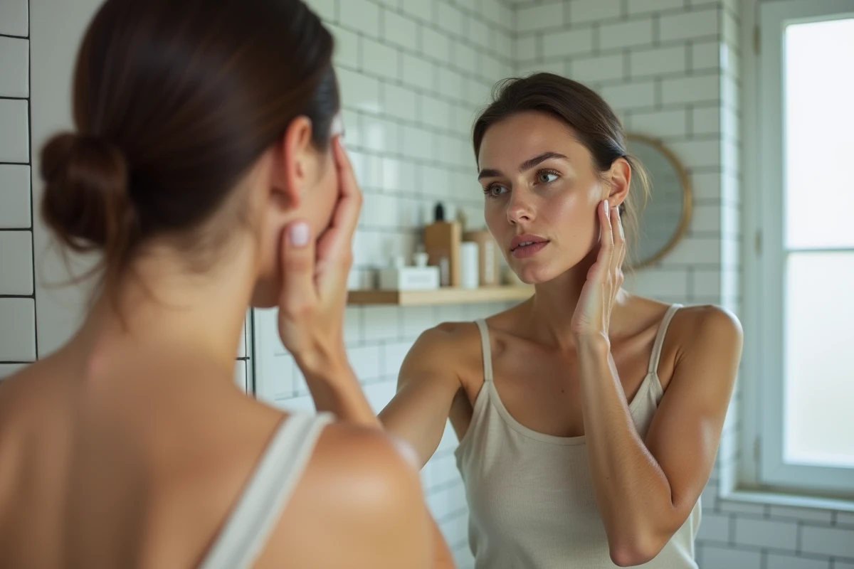 Femme examinant une tache suspecte sur son cou devant un miroir de salle de bain, symptôme possible de cancer de la peau