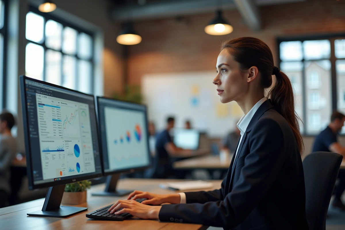 Jeune femme au bureau regardant ses écrans de gestion