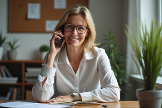 Femme d'âge moyen parlant au téléphone dans un bureau organisé