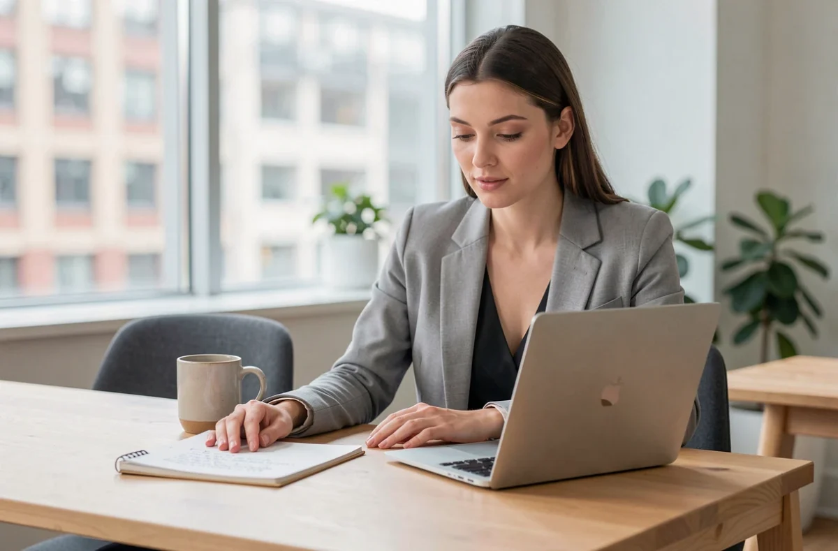 Femme professionnelle consultant le blog Medicys sur la médiation médicale depuis son bureau