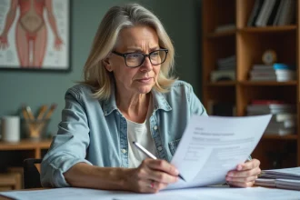 Femme d'âge moyen dans un bureau à domicile examine un document médical