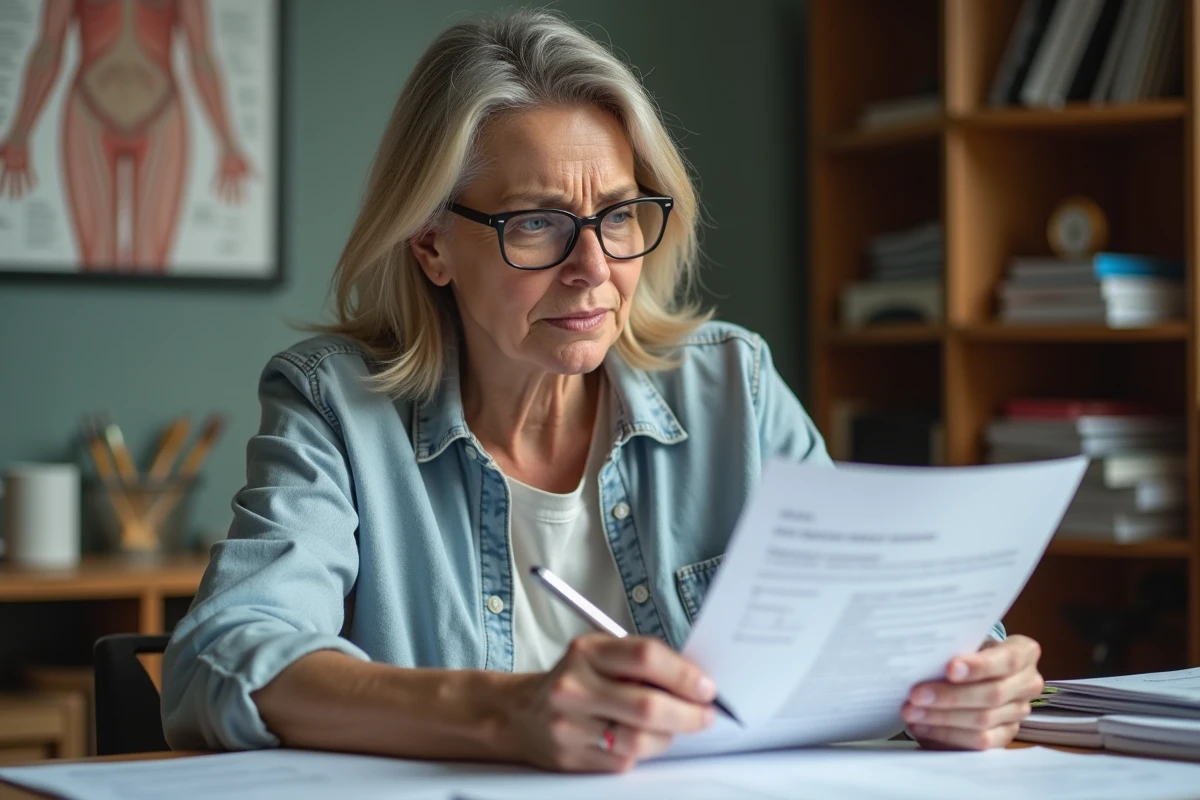 Femme d'âge moyen dans un bureau à domicile examine un document médical