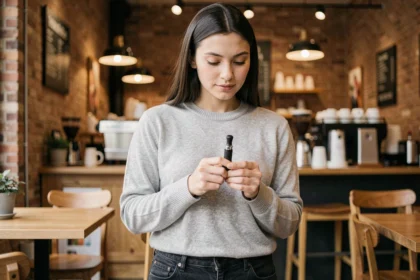 Jeune femme tenant une puff 9000 bouffées dans un café moderne, idéale pour les débutants en vapotage