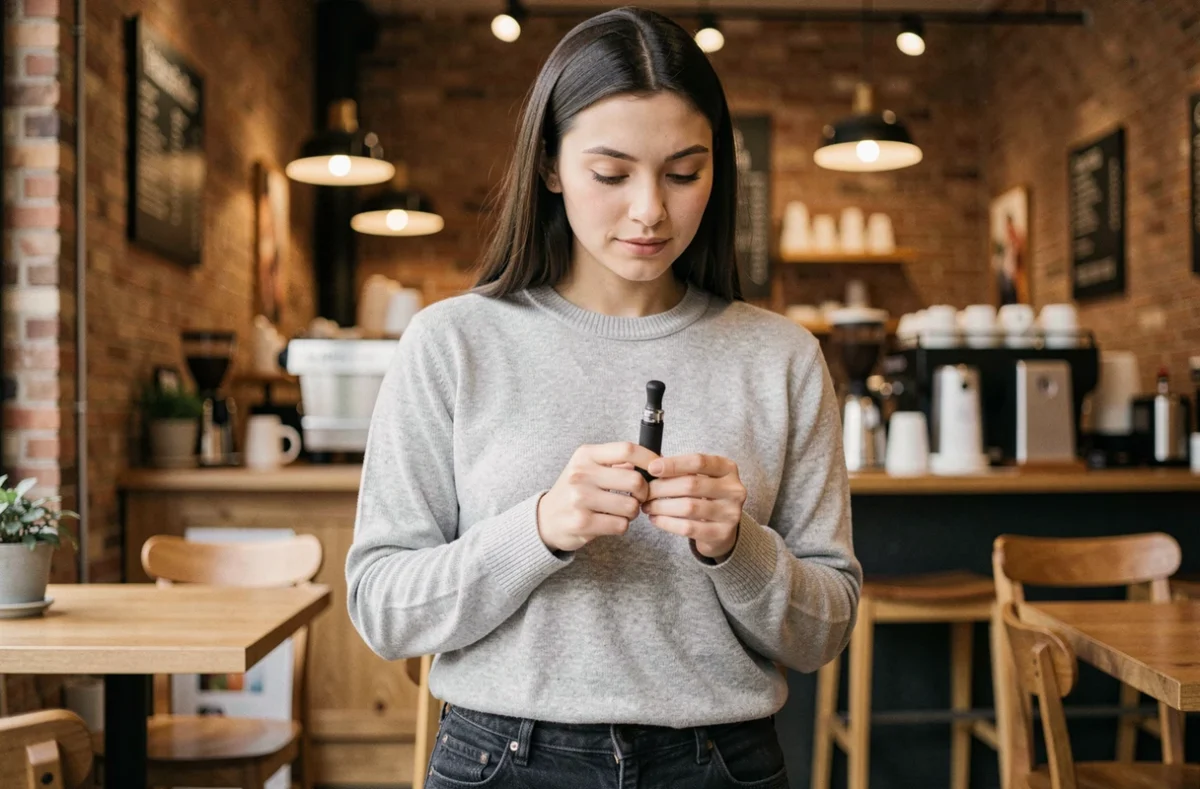 Jeune femme tenant une puff 9000 bouffées dans un café moderne, idéale pour les débutants en vapotage