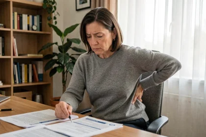 Femme d'âge moyen consultant des documents administratifs liés à la MDPH pour une discopathie dégénérative à son domicile