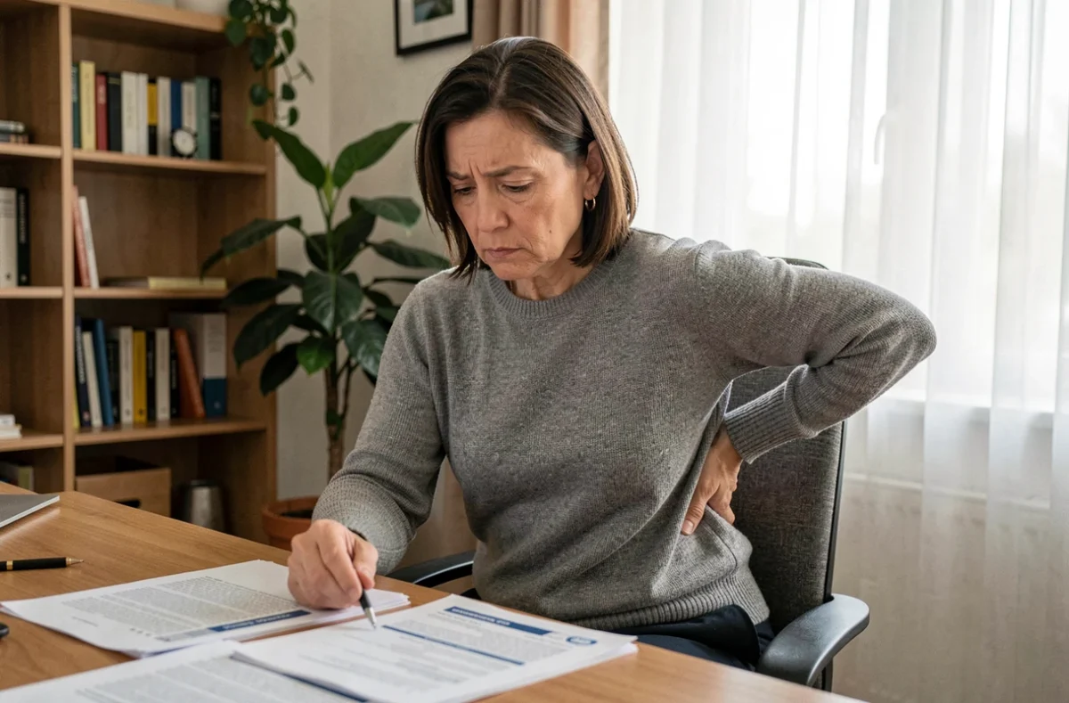 Femme d'âge moyen consultant des documents administratifs liés à la MDPH pour une discopathie dégénérative à son domicile