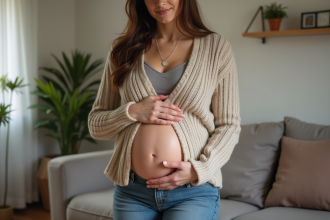 Femme enceinte avec bola de grossesse dans un intérieur chaleureux
