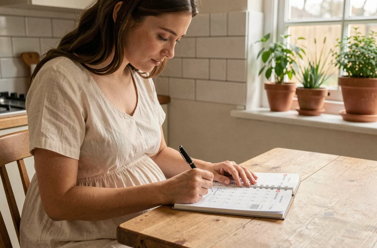 Femme enceinte consultant un calendrier obstétrical pour calculer sa date prévue d'accouchement à la maison